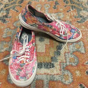 VANS Red Blue Floral Canvas Low Sneakers Shoes Unisex Women's 7 Men's 5.5